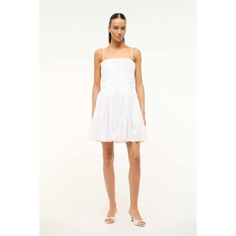 STAUD Mini Bella Dress 16 White Cotton Poplin Pintuck Coquette Angelic Vacation